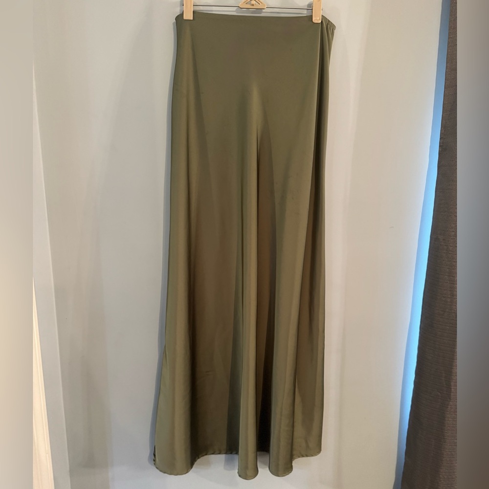 Elegant Olive Green Maxi Silky Skirt